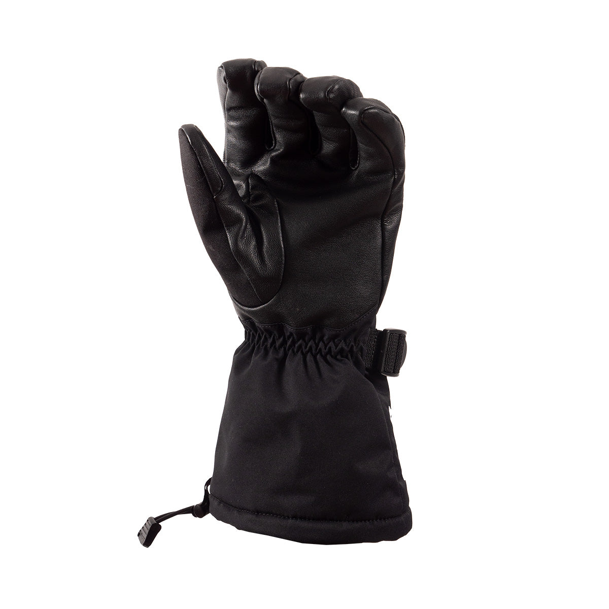 Black long-cuff snowmobile glove with leather palm and weatherproof shell